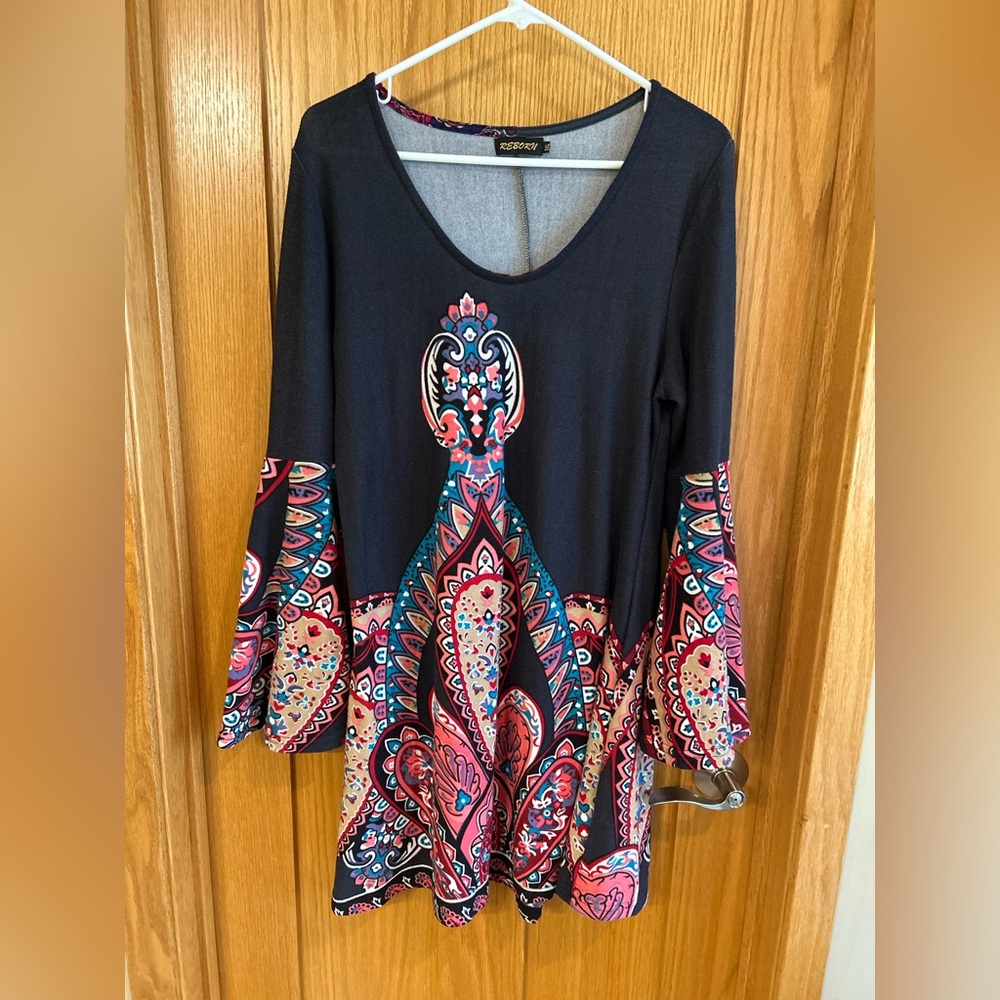 Reborn Psychedelic Retro Groovy Paisley Bell Sleeve Mini Dress 1XL